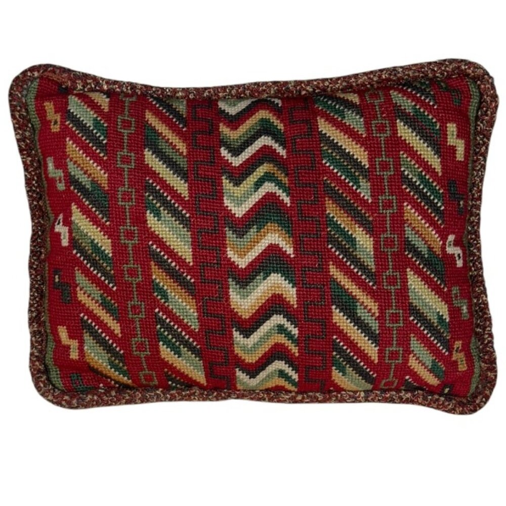 Antique NEEDLEPOINT red chevron aztec camel kahki velvet small rectangle pillow